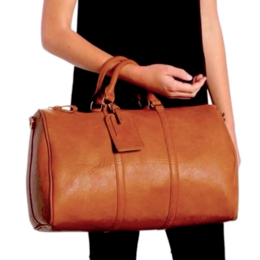 Sole Society faux leather duffle weekender bag dark cognac